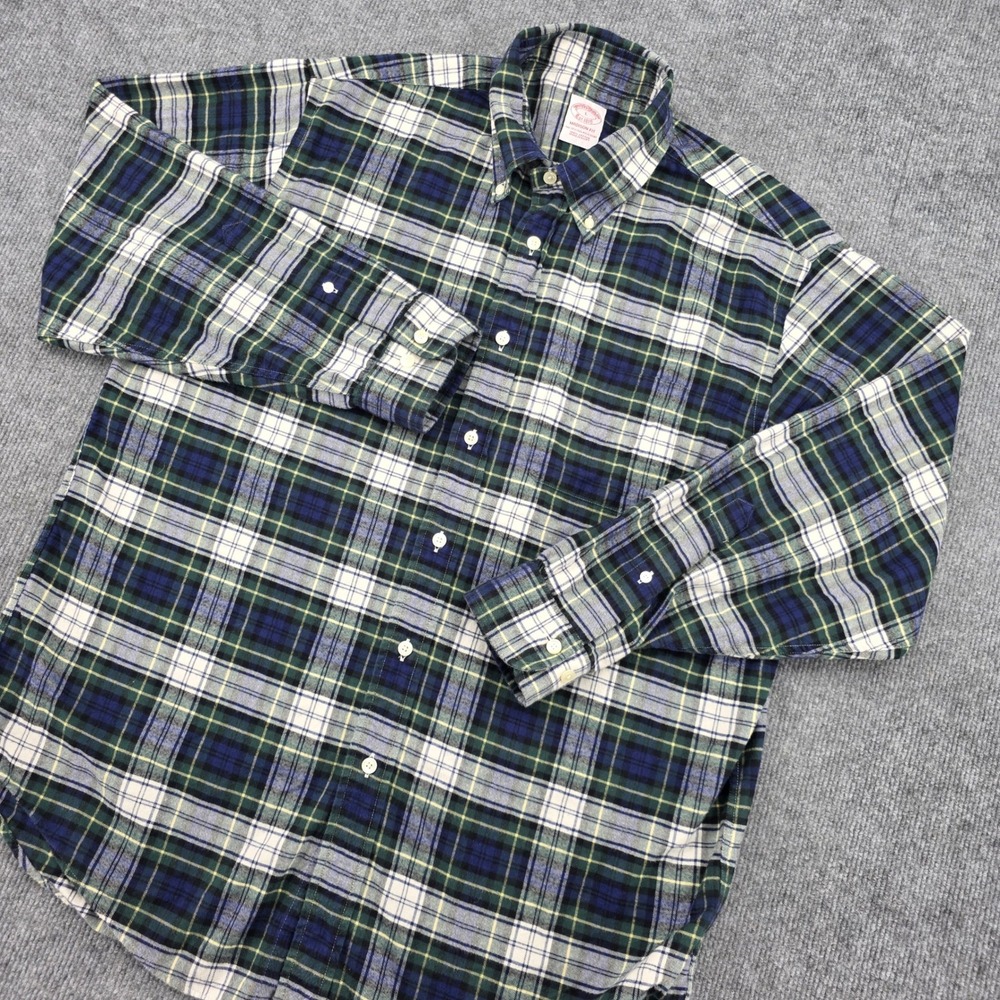 Brooks Brothers Madison Fit Plaid Button Down Shirt Mens Large Blue Green Cotton